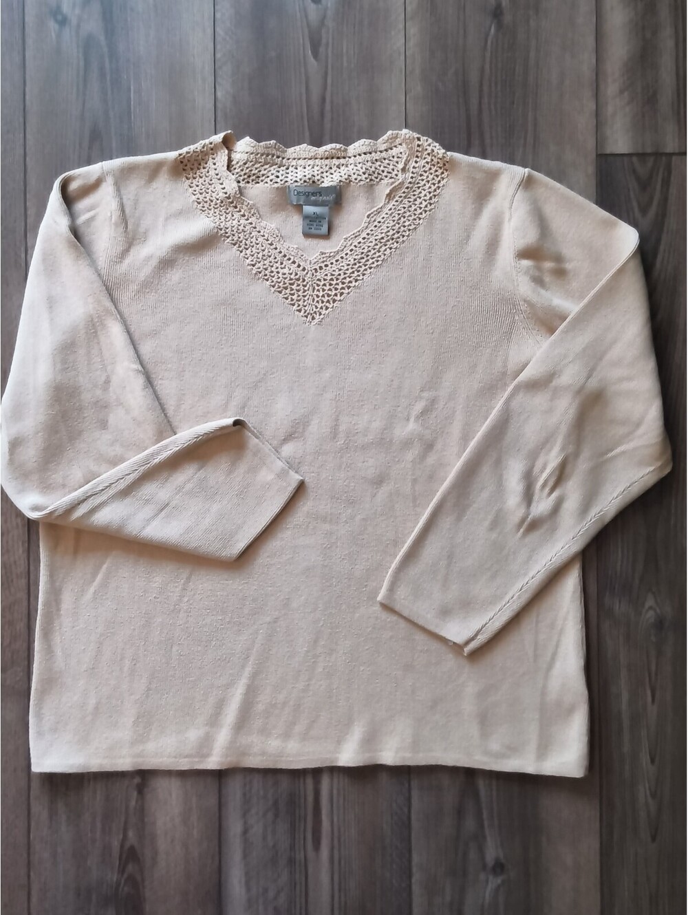 Vintage Designers Originals Open Knit Crochet Trim Cotton Sweater Beige Tan XL